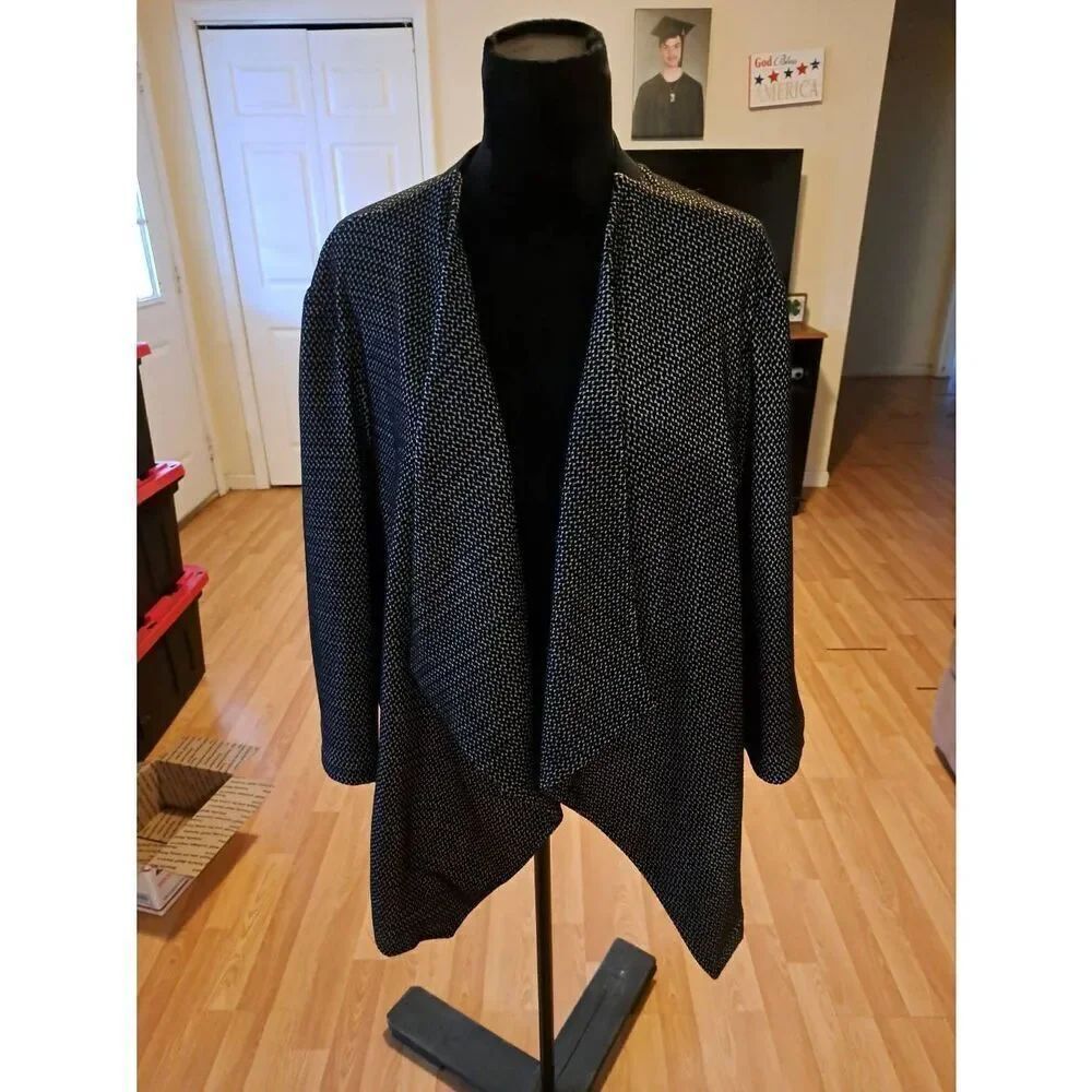 26/28 Lane Bryant Black White Open Front Jacket Blazer Cardigan 3/4 Sleeve